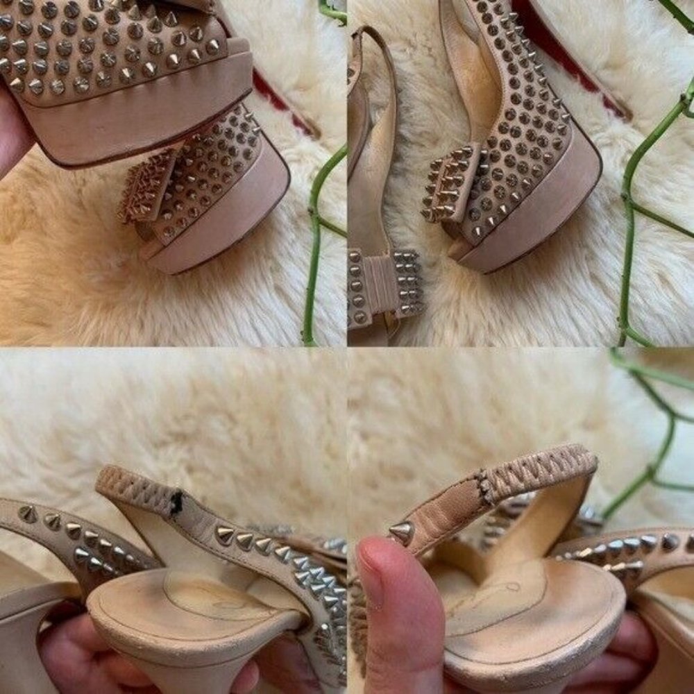 Louboutin Nude Leather Clou Spikes Studded Designer Platform Slingbacks Pumps 37 - Picture 11 of 13